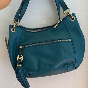Michael Kors Teal Pebbled Leather Shoulder Bag with Tassel Charm(